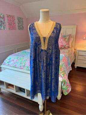 Lilly Pulitzer Royal Blue and Gold Sleeveless V-Neck Shift Dress